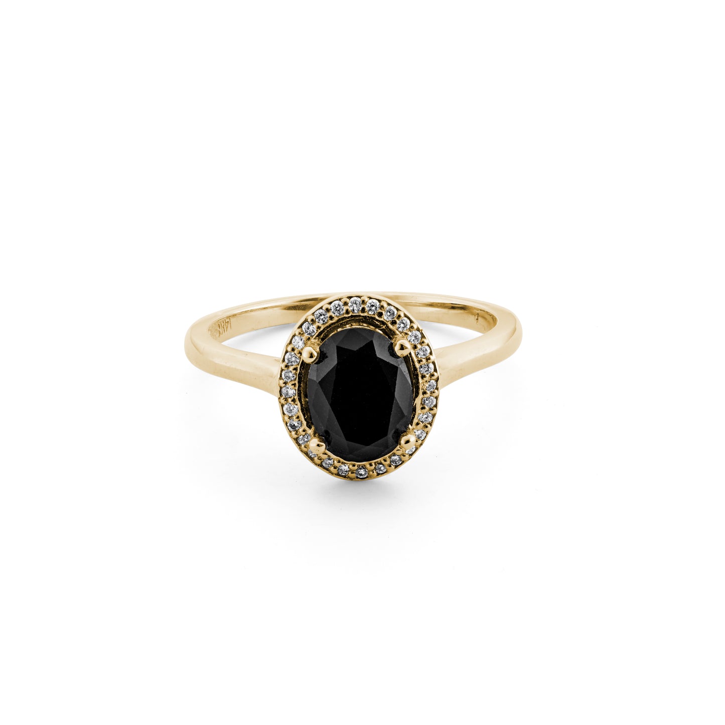 Load image into Gallery viewer, Madison Ave Ring with onyx center stone and diamond halo on white background.

