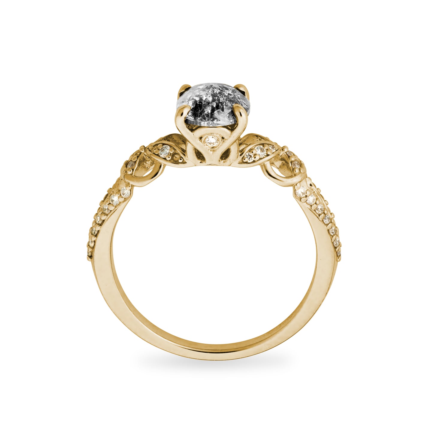 Load image into Gallery viewer, Side view of the Viviana Ring in yellow gold with a salt and pepper diamond.
