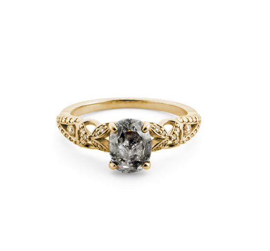 The Viviana Ring in 14k yellow gold with a salt and pepper diamond.