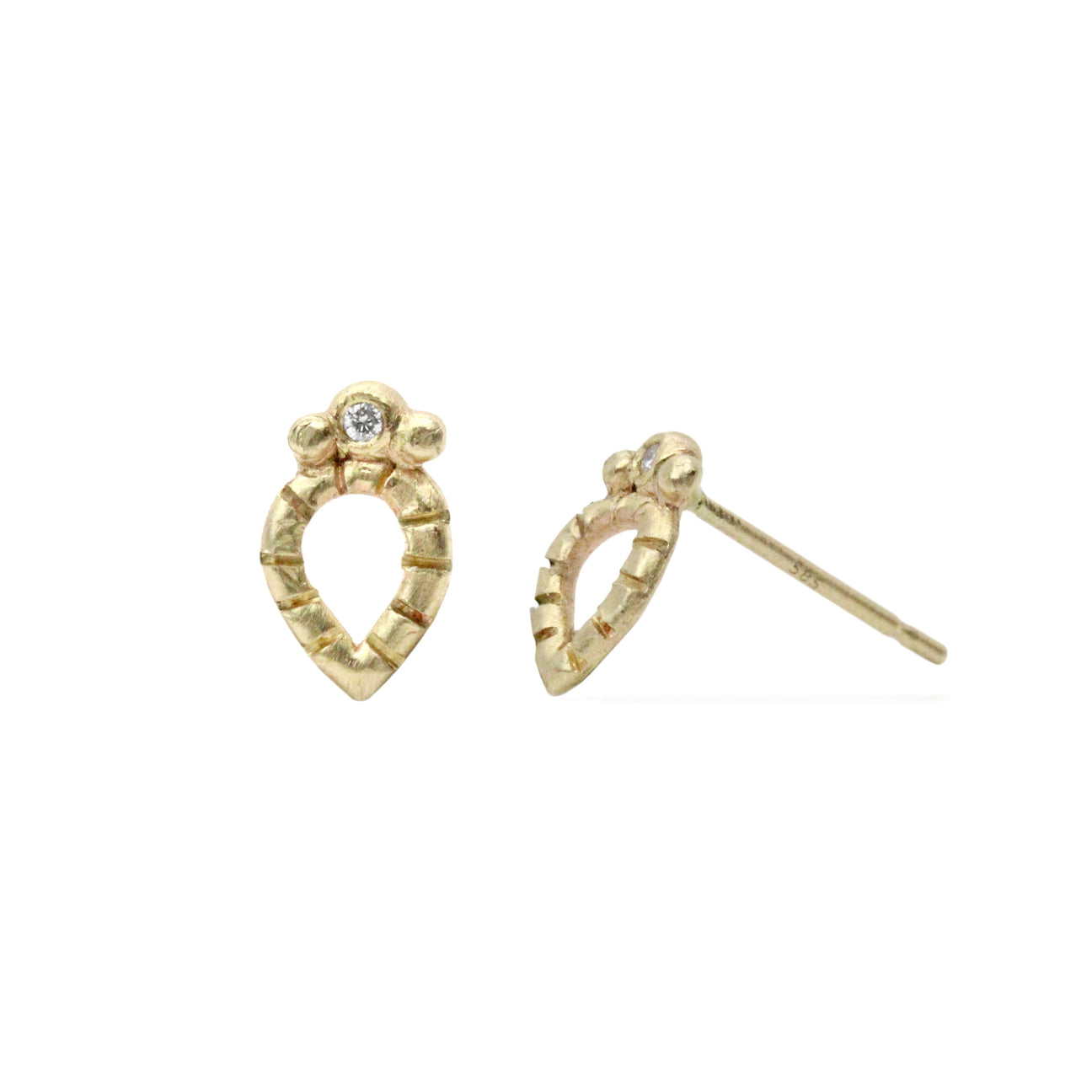 Load image into Gallery viewer, side angle picture of gold petal shaped earrings pictured on white background 
