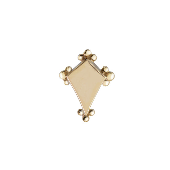 kite shaped gold stud with round gold accents on each corner on a white background