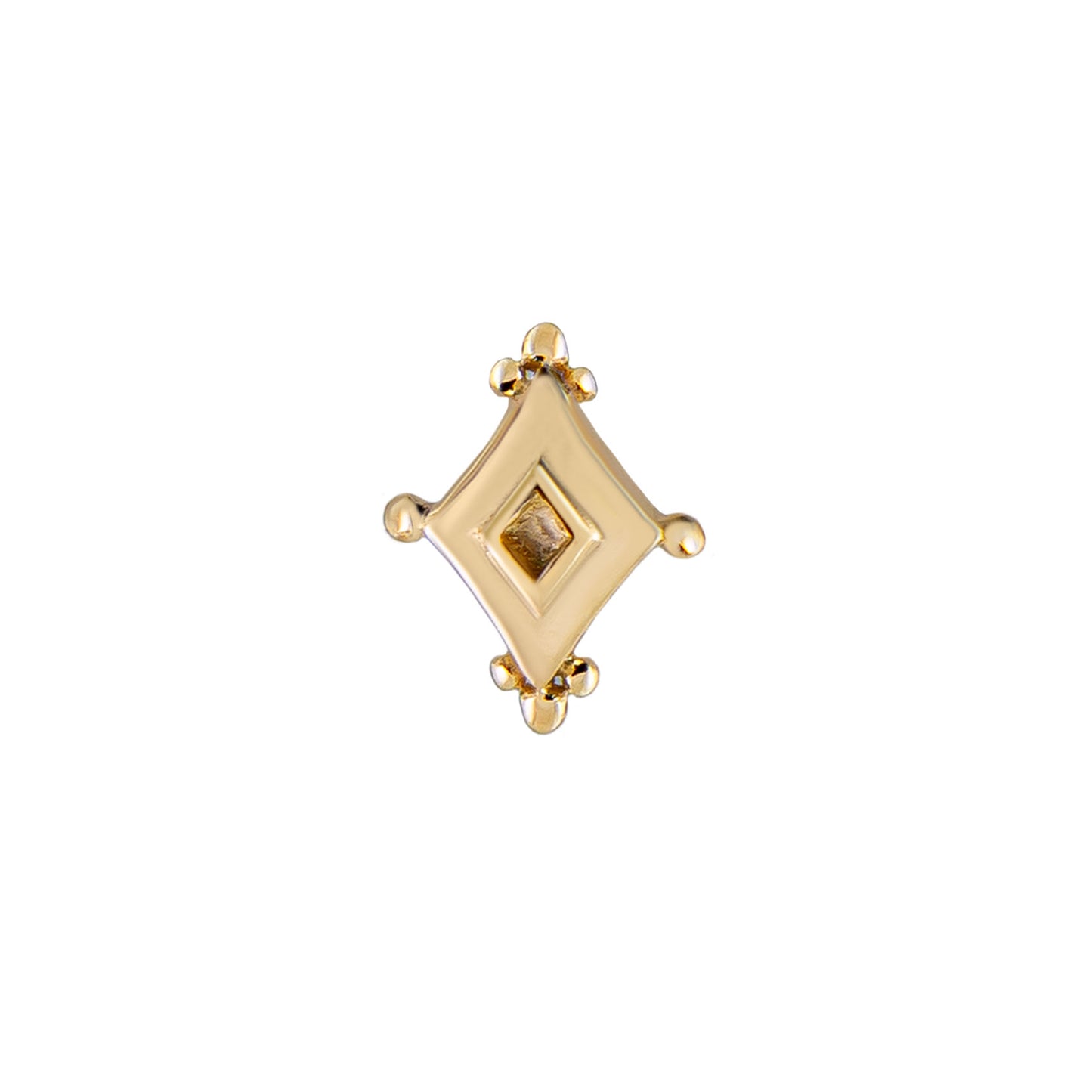 a diamond shaped gold stud with round gold accents on each corner on a white background