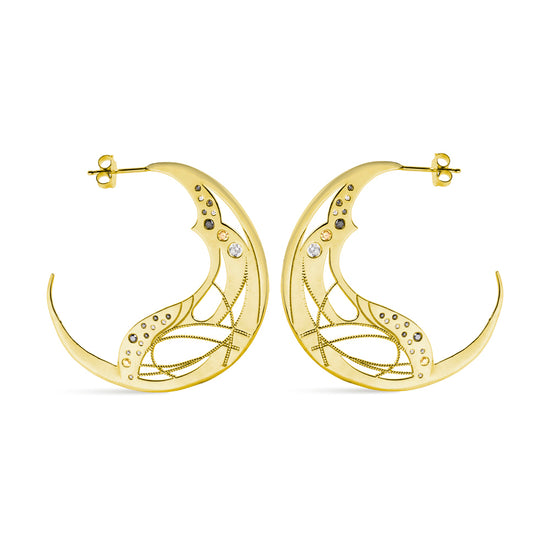 Yellow gold diamond hoops on a white background