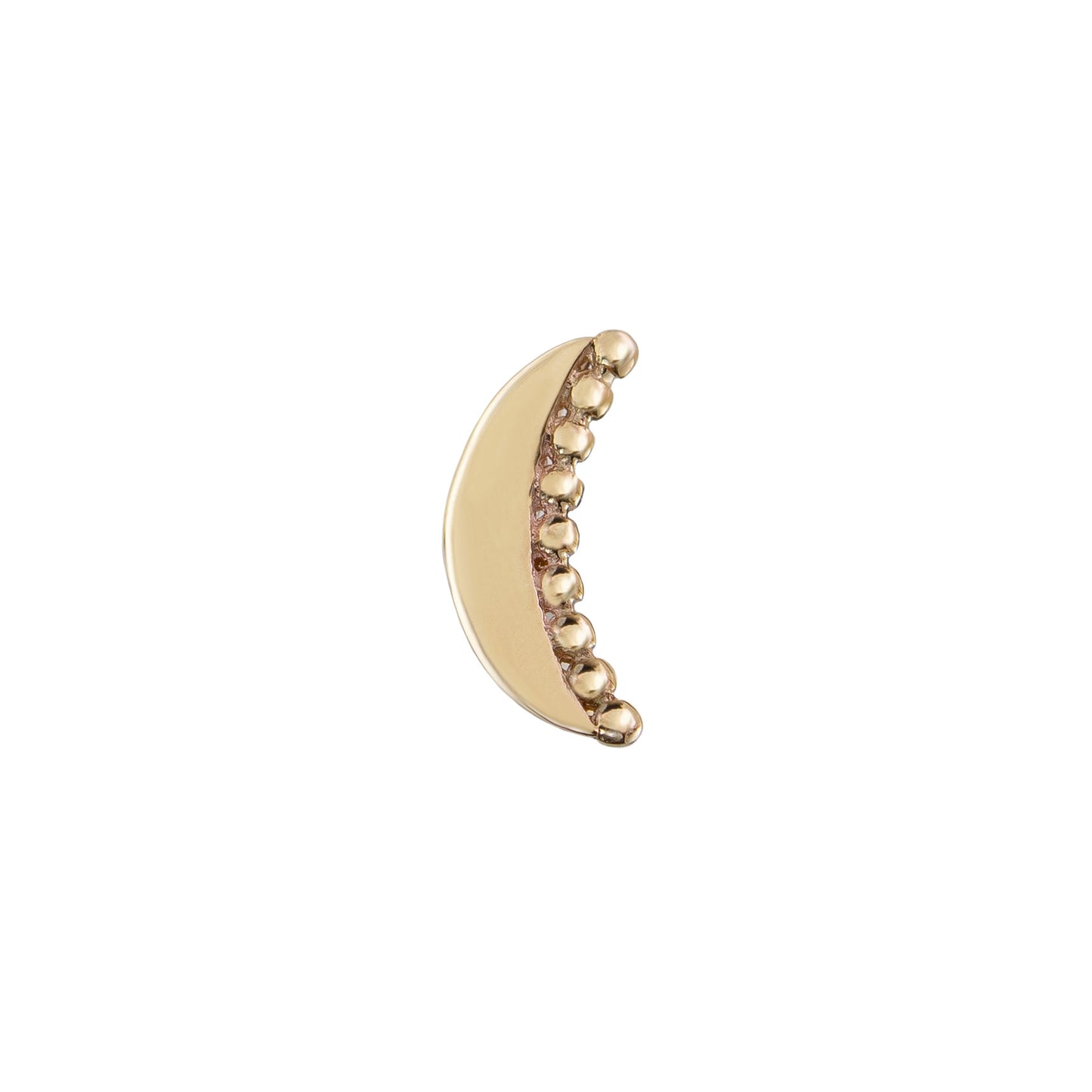 a crescent moon shaped gold stud with round gold accents on a white background