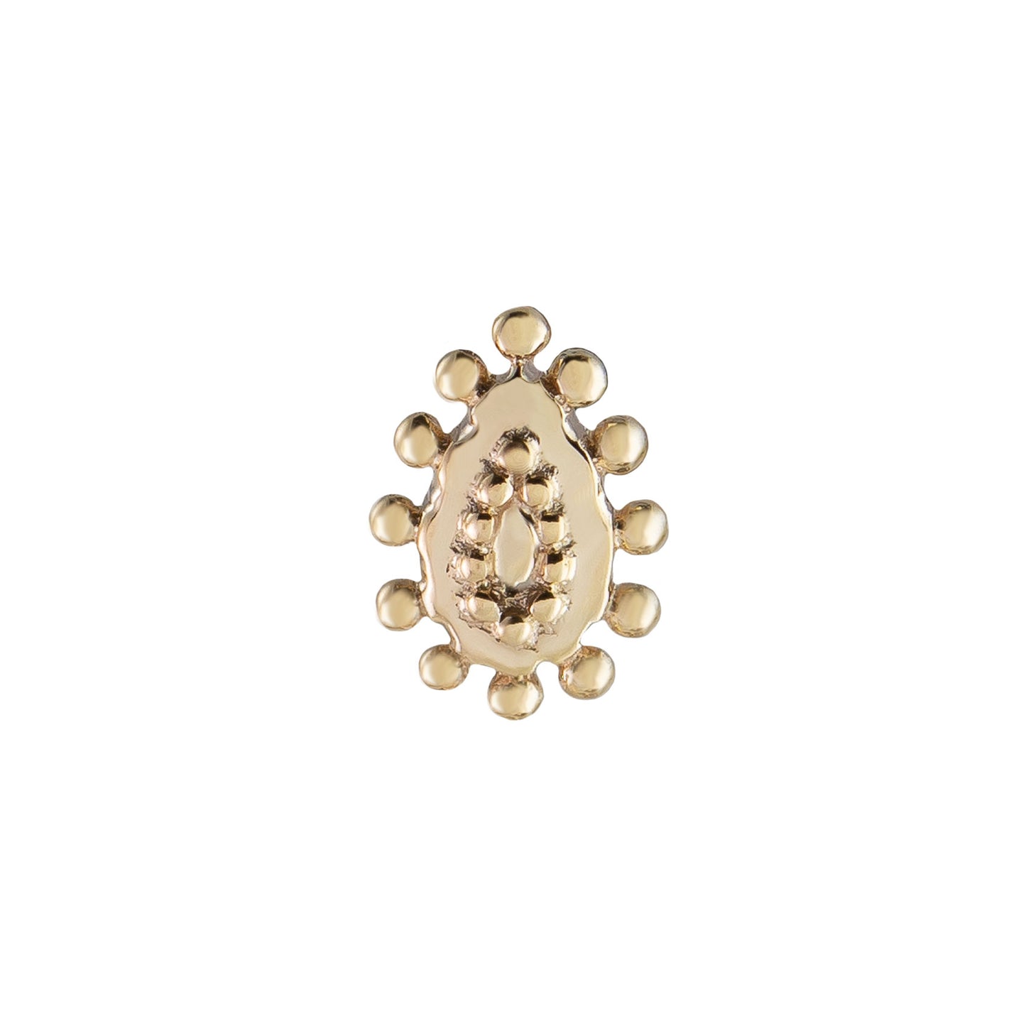 a paisley shaped gold stud with round gold accents on a white background