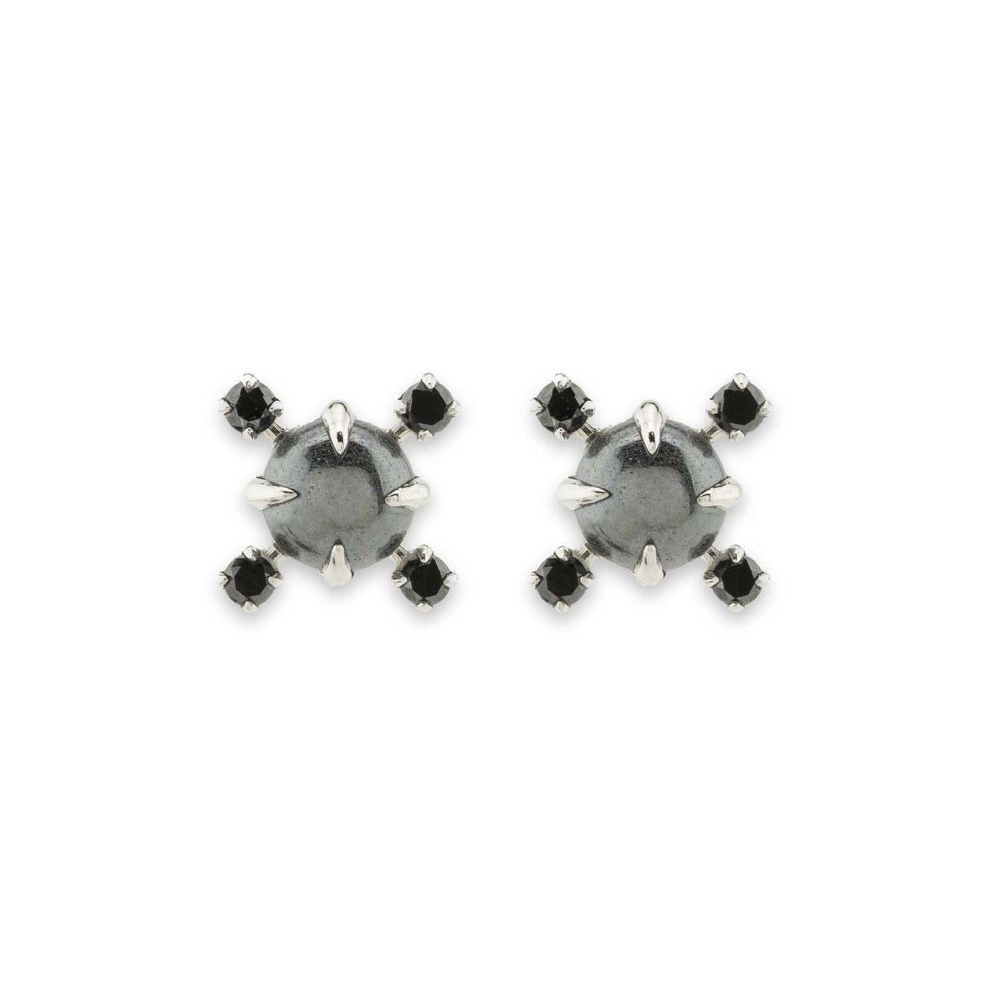 Hematite and sterling silver stud earrings with 4 black diamonds, on white background.