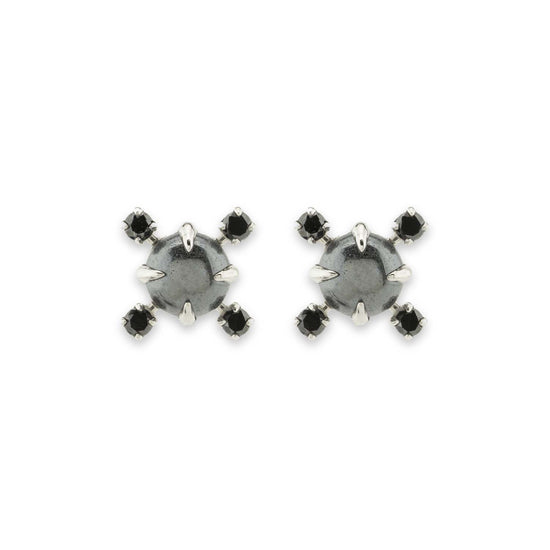 Hematite and sterling silver stud earrings with 4 black diamonds, on white background.