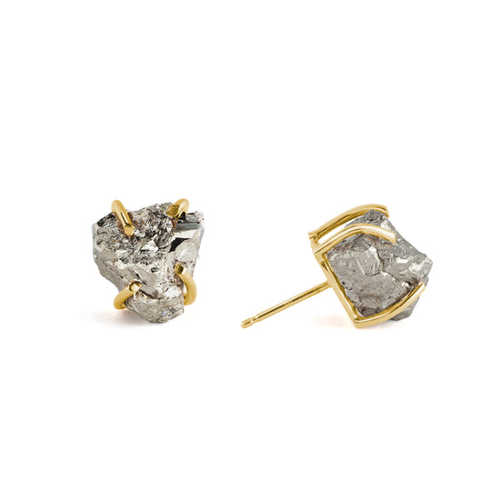 Pyrite stud earrings in yellow gold on a white background