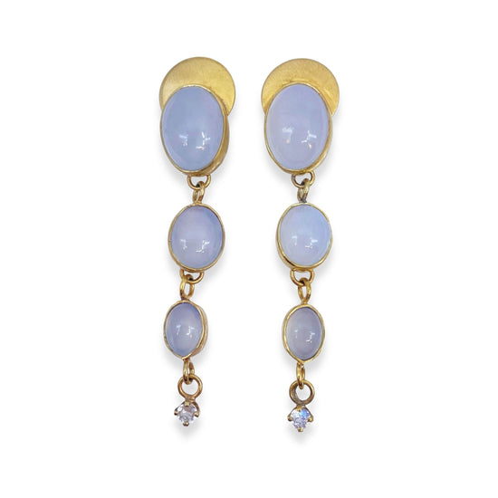 3 Chalcedony droplette earrings pictured on white background