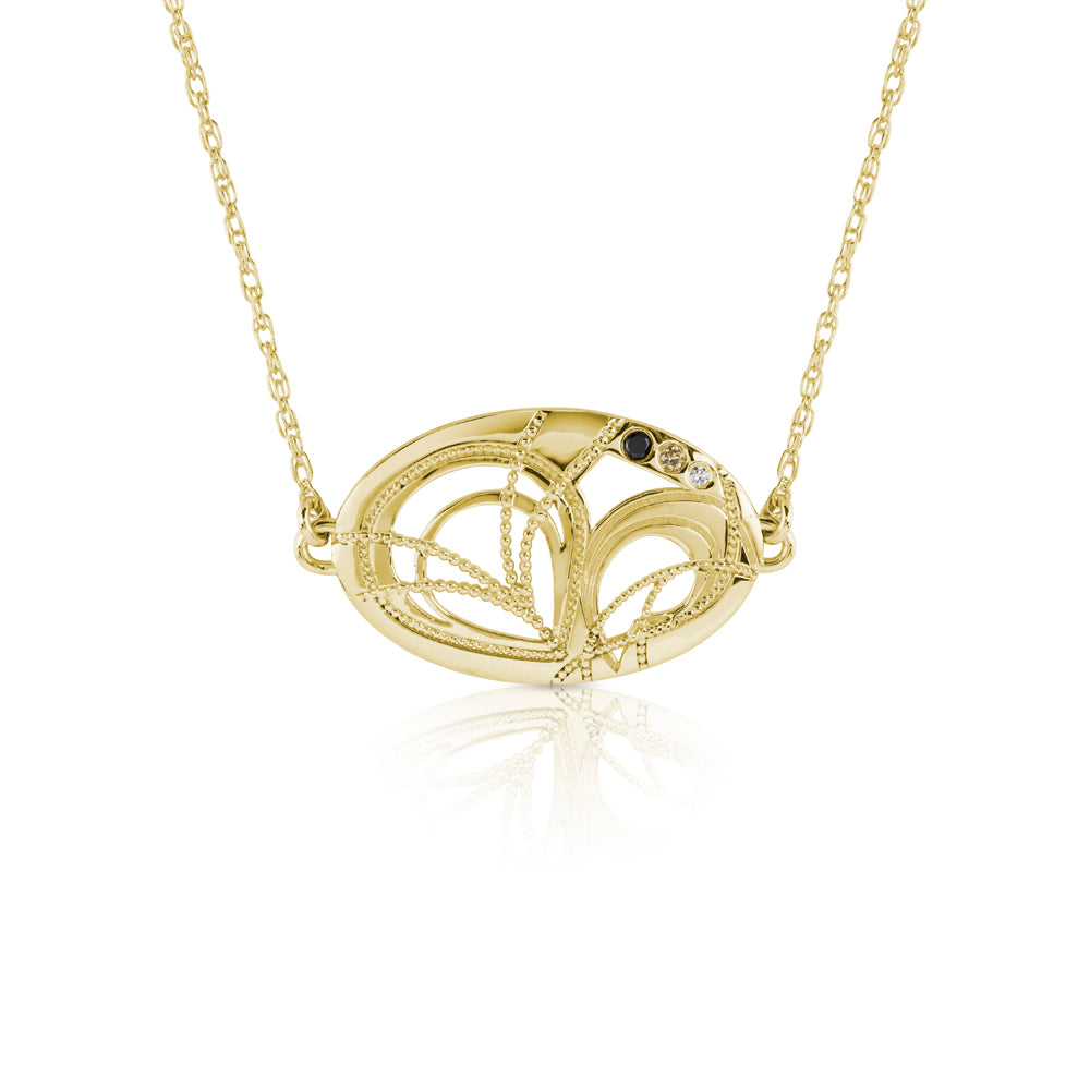 yellow gold necklace with black, champagne, and white diamond on a white photo background