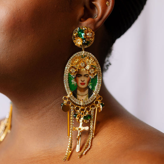 Frida flower earrings on model