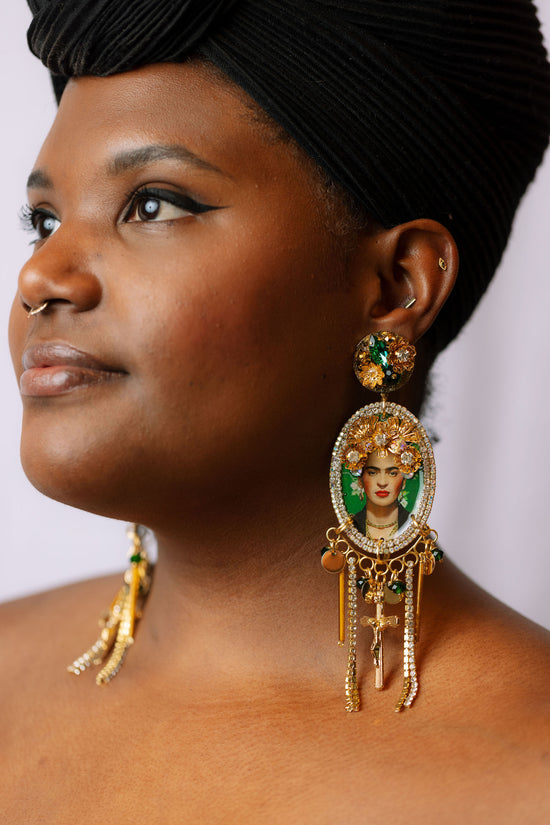 Frida flower earrings on model