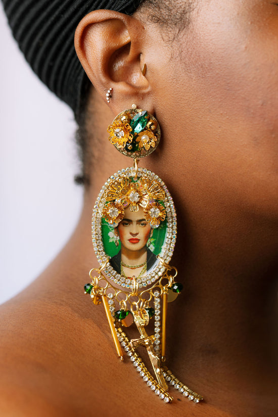 Frida flower earrings on model