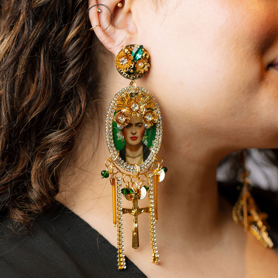 Frida flower earrings on model