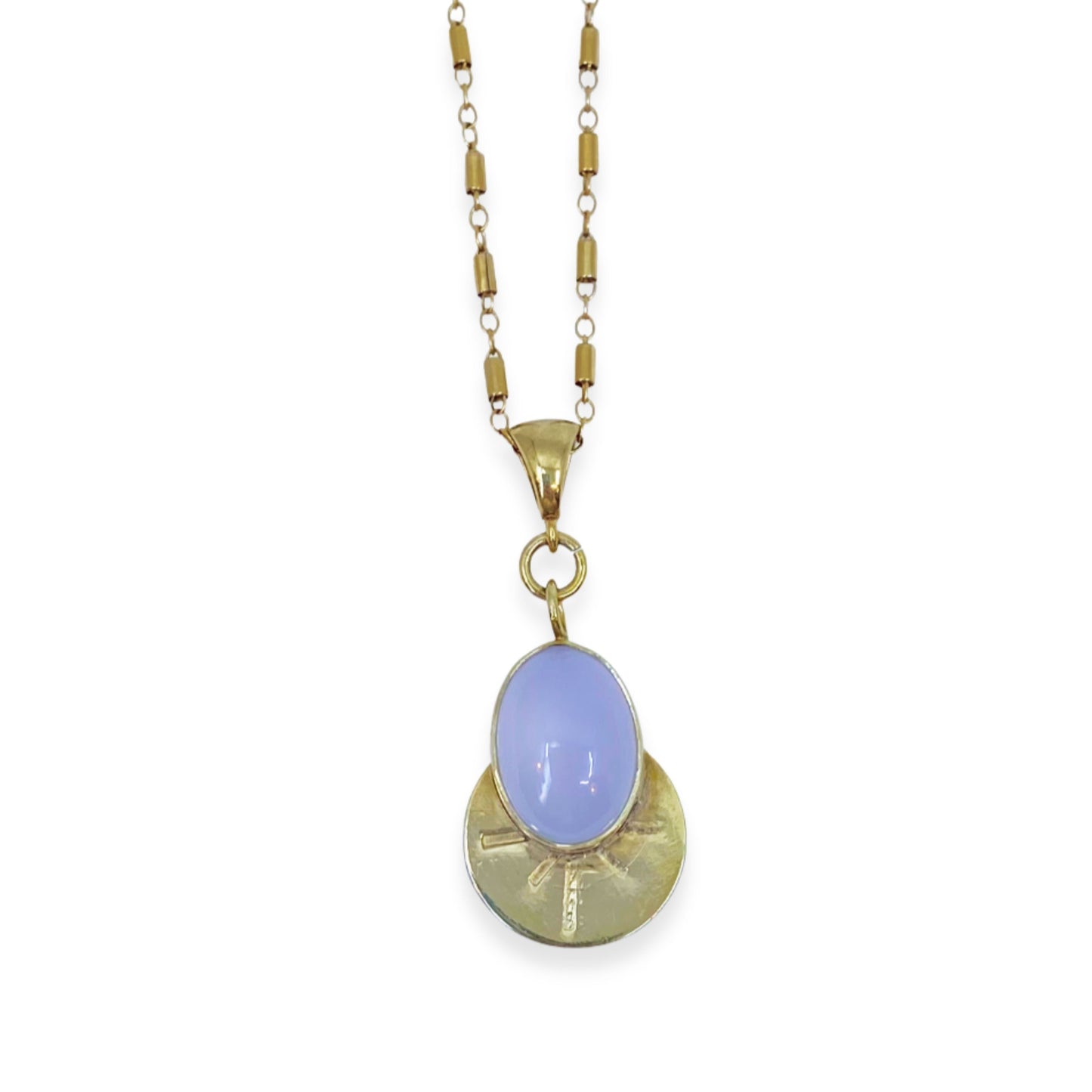 Gold, decorative chain, with Chalcedony pendant pictured on white background