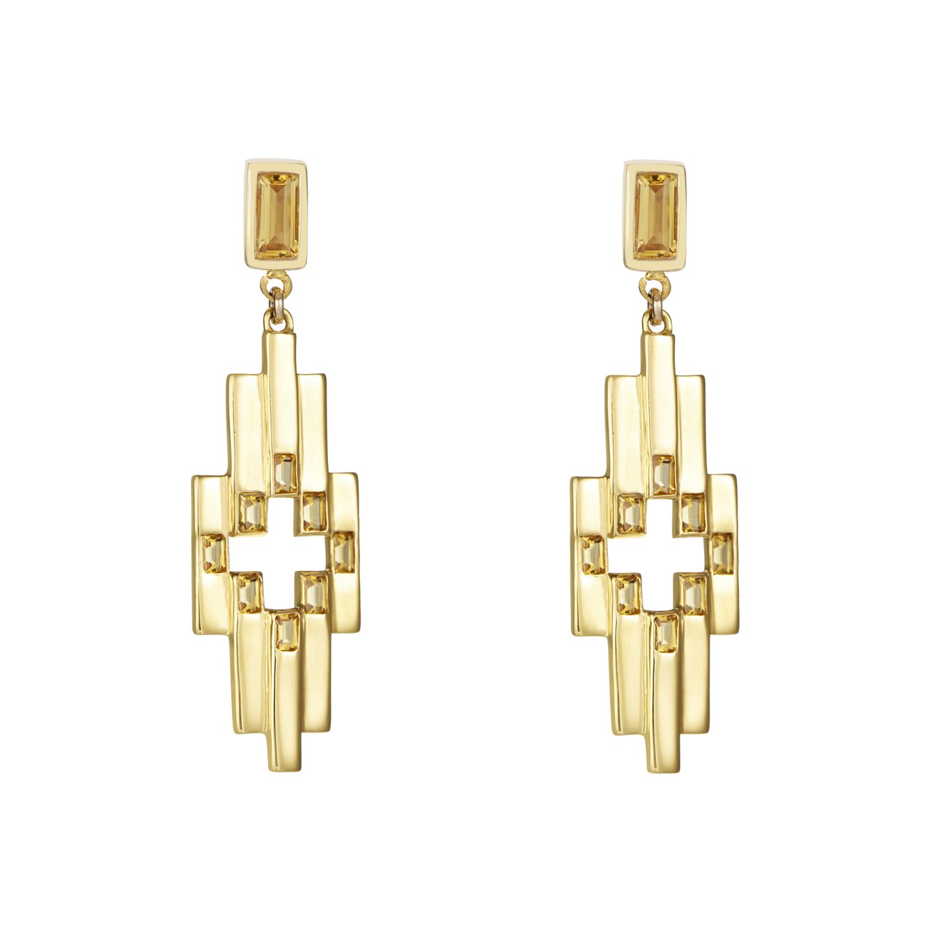 Gold geometric drop earrings with citrine on white background.