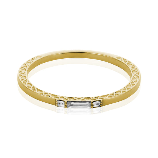 14k yellow gold band with textured side detail and baguette diamonds on white background.