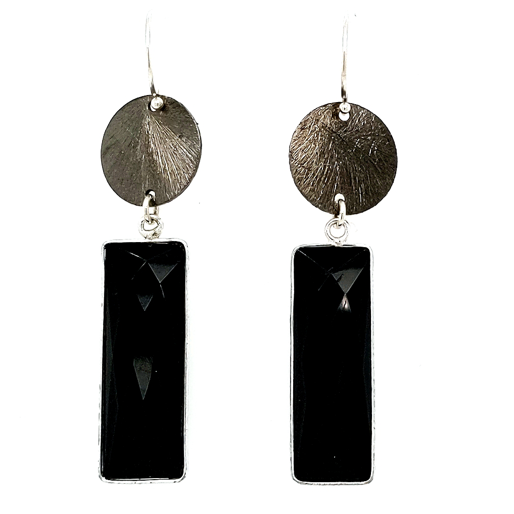 Load image into Gallery viewer, Radiant Disc Dangle Earrings with Black Onyx
