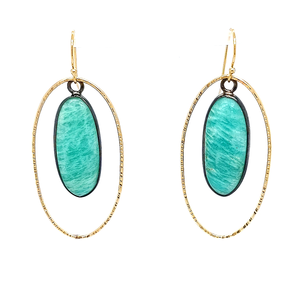 gold oval earrings with oval amazonite gem on white background