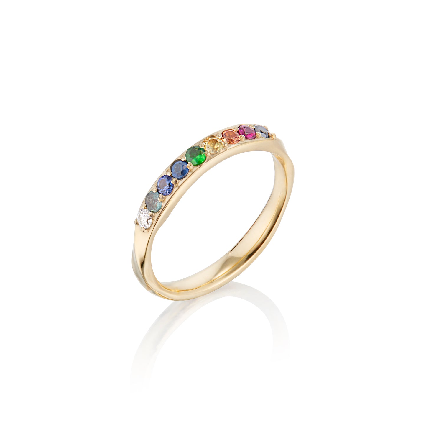 yellow gold band with rainbow gemstones and a twisted band detail on white background