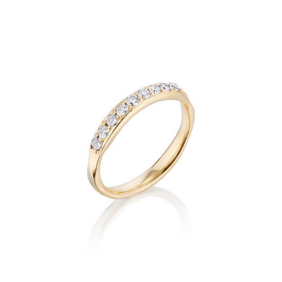 Load image into Gallery viewer, white diamond gold band with twisting metal details on white background
