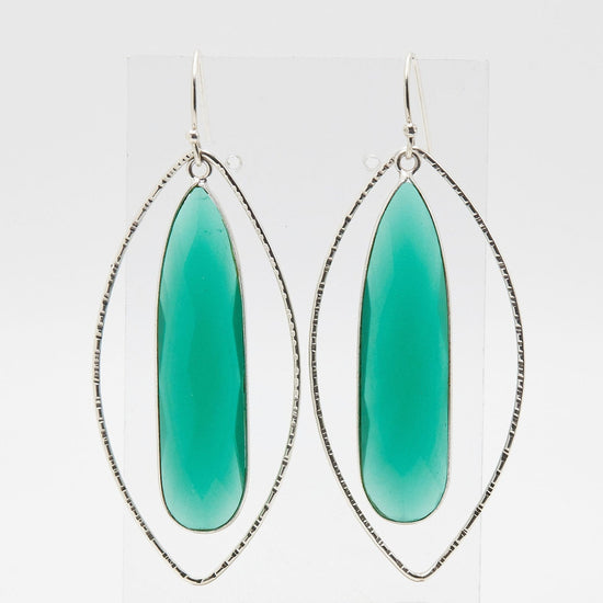 Load image into Gallery viewer, silver petal shaped earrings with elongated teardrop green onyx gemstone on white background
