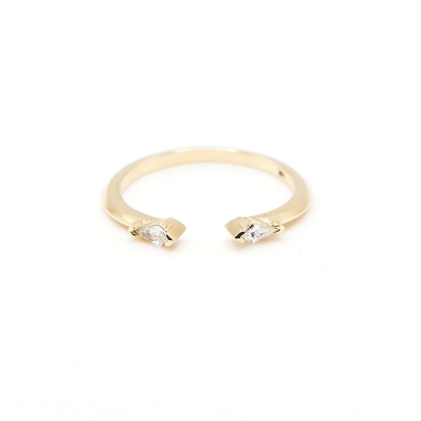 Load image into Gallery viewer, 14k yellow gold open band with two kite shaped white diamonds

