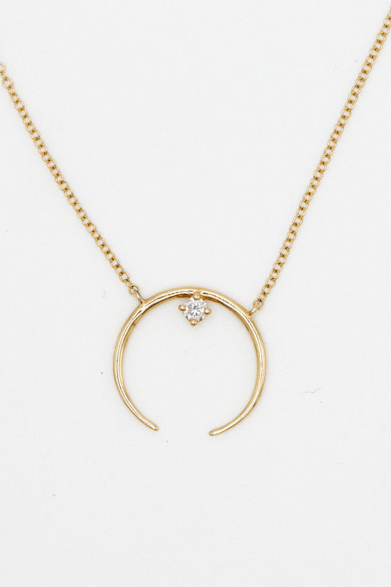Load image into Gallery viewer, yellow gold open circle pendant necklace with white diamond accent on white background
