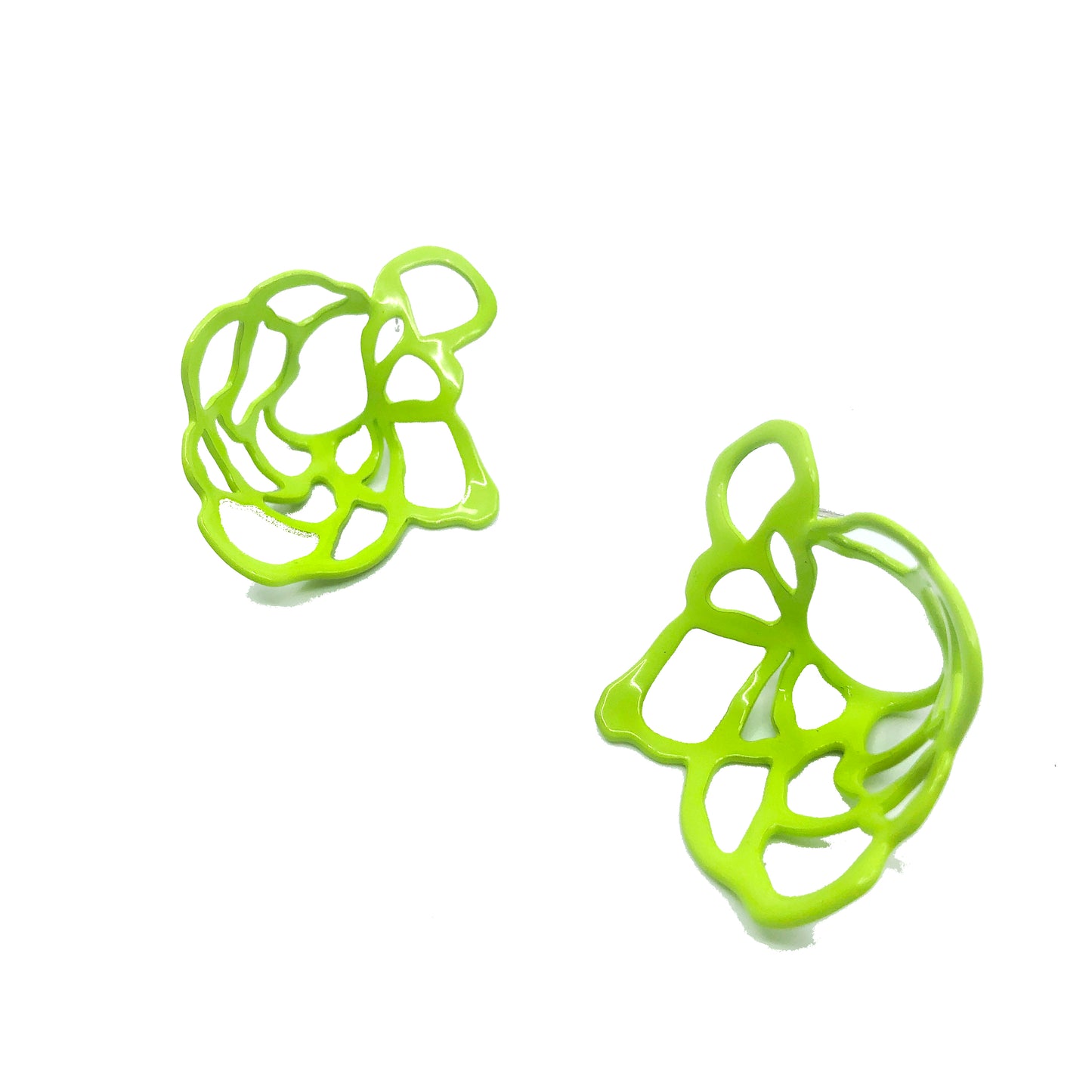 Chartreuse lace stud earrings on white background.