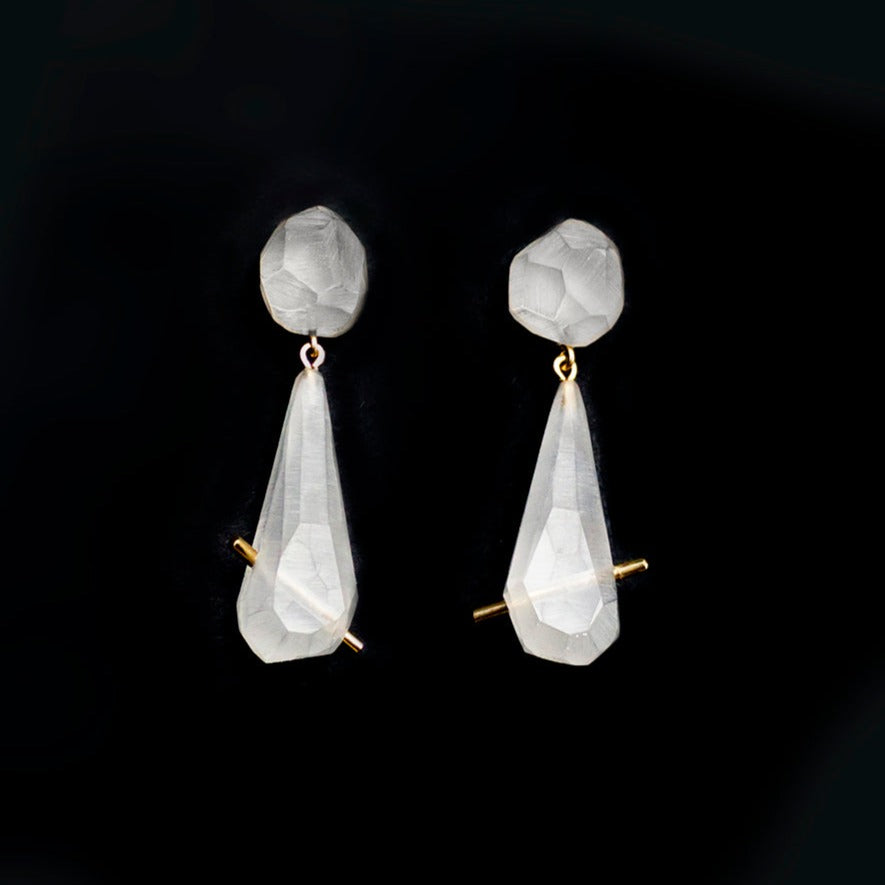 Load image into Gallery viewer, Round and teardrop shaped acrylic drop earrings on black background.
