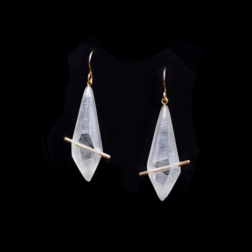 Load image into Gallery viewer, crystal shaped clear acrylic with a gold bar through dangle from gold ear wires
