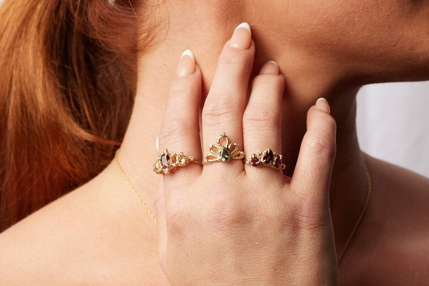 Load image into Gallery viewer, model wearing the daphne ring with two other rings by hayley elise
