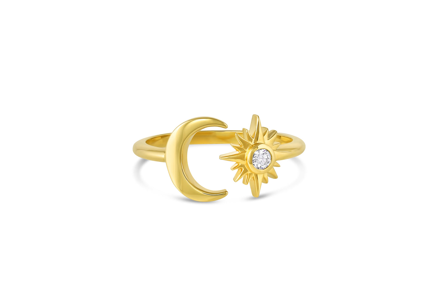 18k yellow gold crescent moon and star with diamond center stone open  ring on white background.