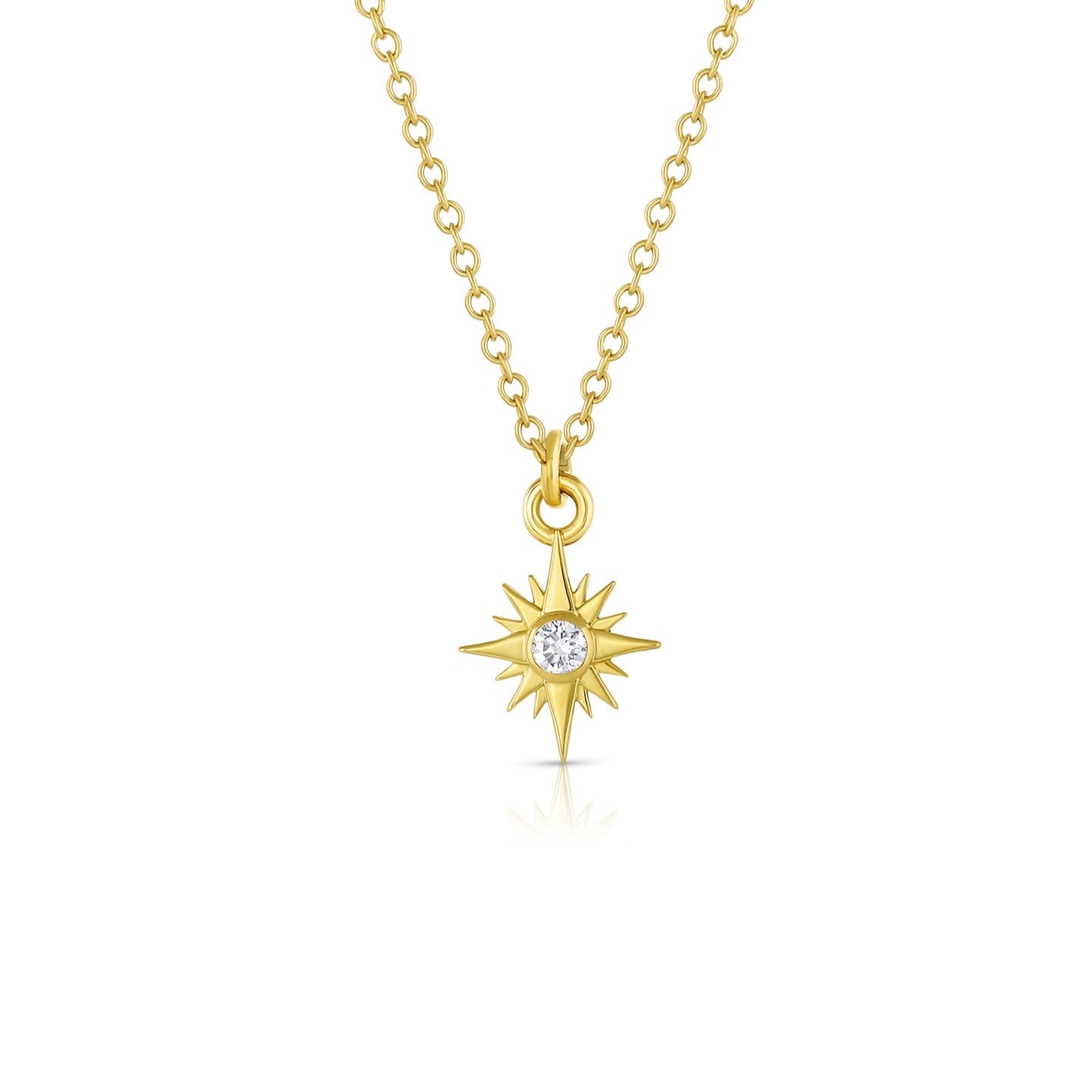 Load image into Gallery viewer, 18k yellow gold star charm with diamond center stone on gold chain with white background.
