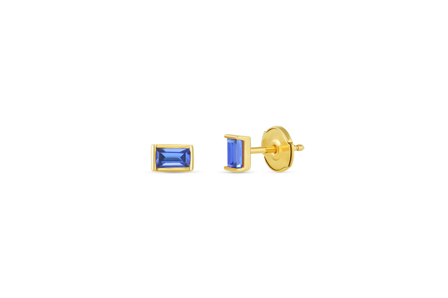 Load image into Gallery viewer, baguette shaped blue sapphire stud earrings on white background.
