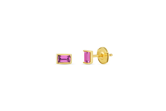 baguette shaped pink sapphire stud earrings on white background.