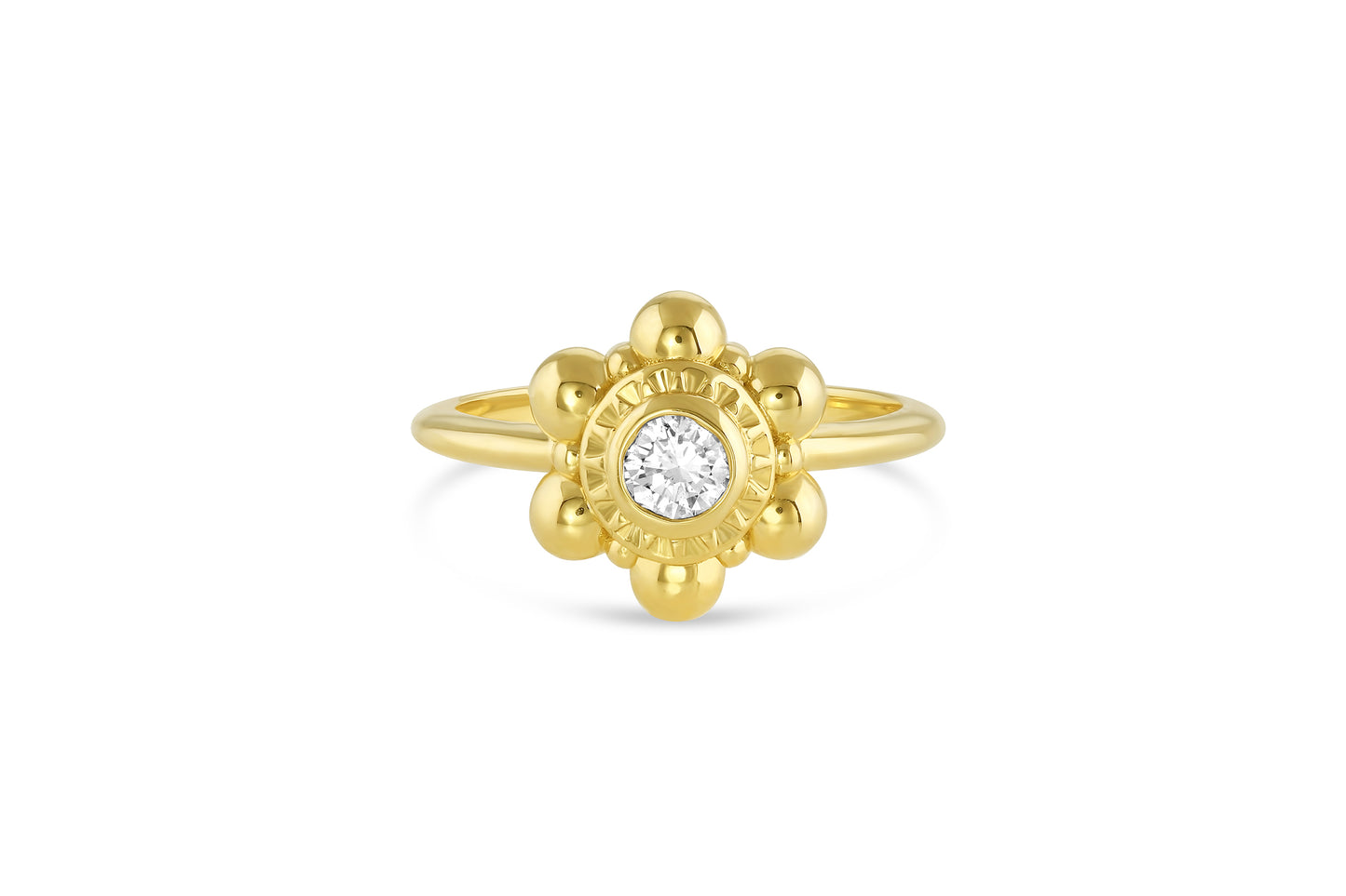 Load image into Gallery viewer, 18k yellow gold flower shaped ring with diamond center stone on white background.
