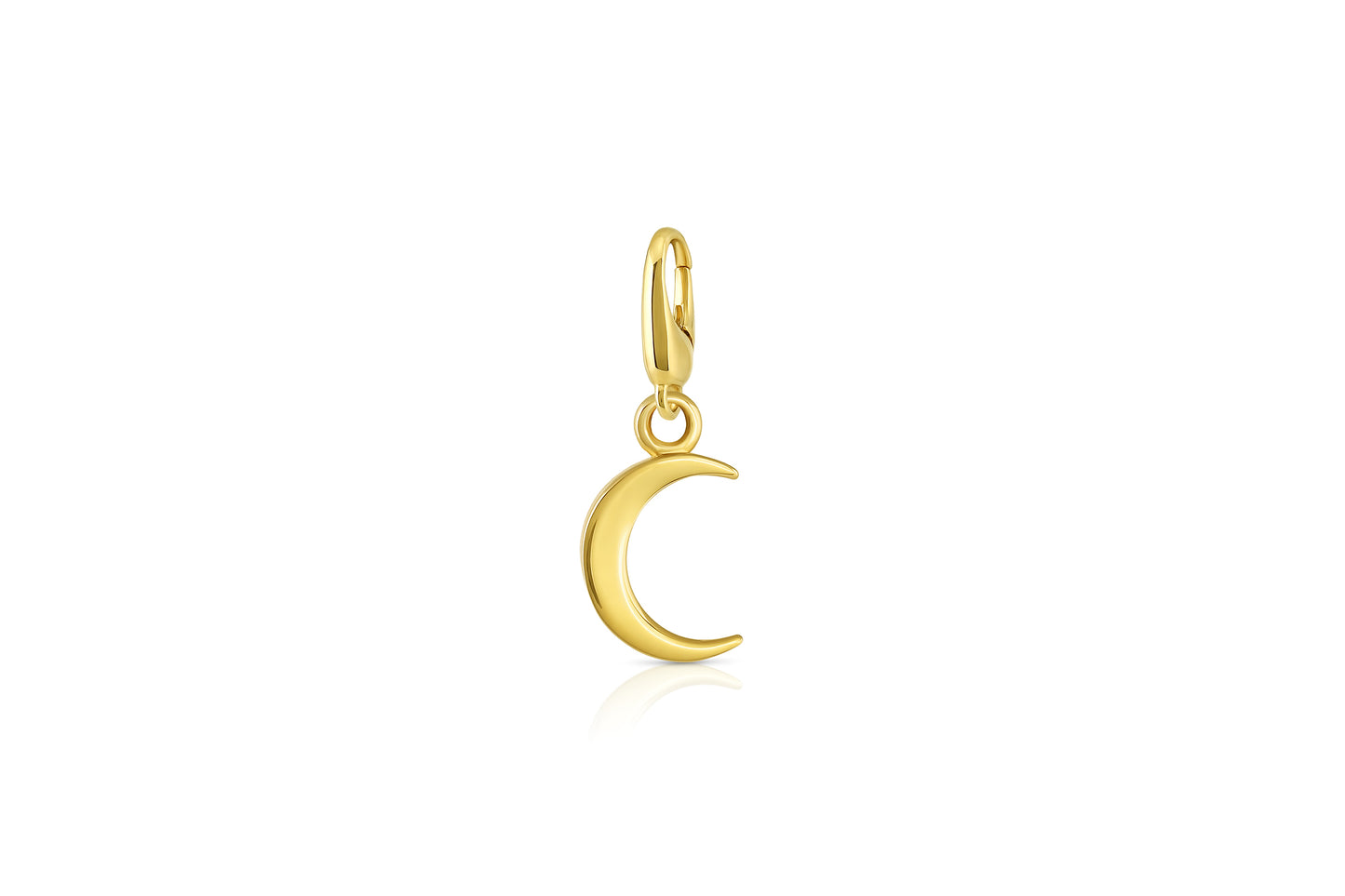 18k yellow gold crescent moon pendant with lobster clasp on white background.