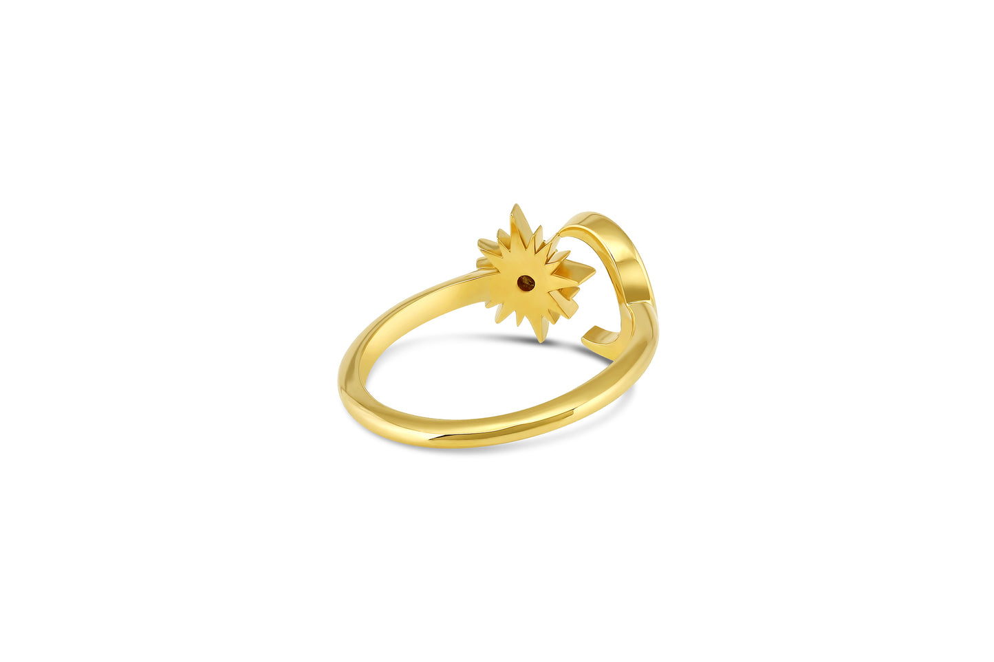 back view of the 18k yellow gold crescent moon and star with diamond center stone open ring on white background.