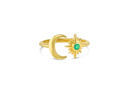 18k yellow gold crescent moon and star with emerald center stone open ring on white background.