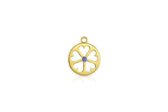 18k yellow gold circle pendant with heart cut outs and blue sapphire center stone on white background.