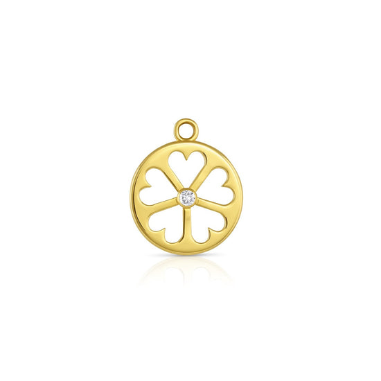 18k yellow gold circle pendant with heart cut outs and a diamond center stone on white background.