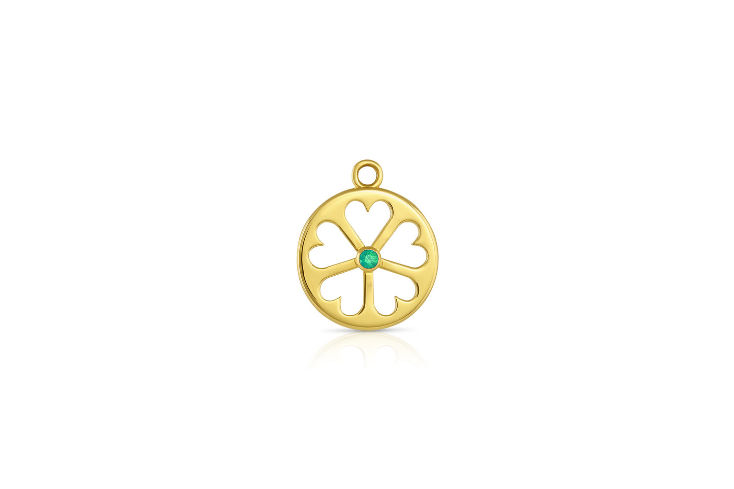 18k yellow gold circle pendant with heart cut outs and emerald center stone on white background.