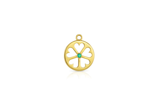 Load image into Gallery viewer, 18k yellow gold circle pendant with heart cut outs and emerald center stone on white background.
