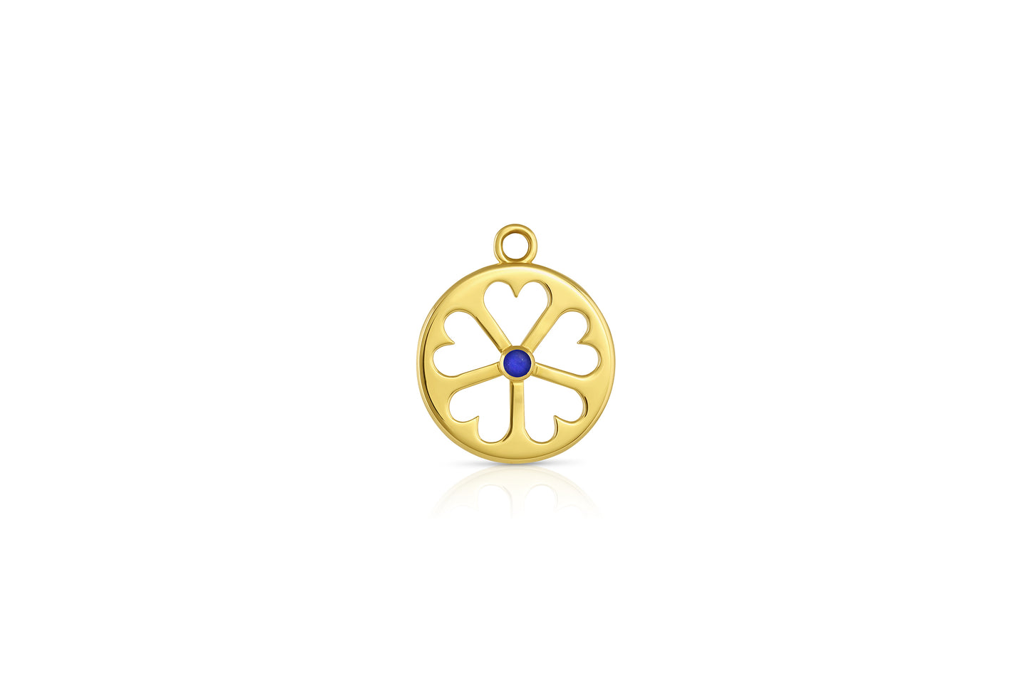 18k yellow gold circle pendant with heart cut outs and lapis center stone on white background.