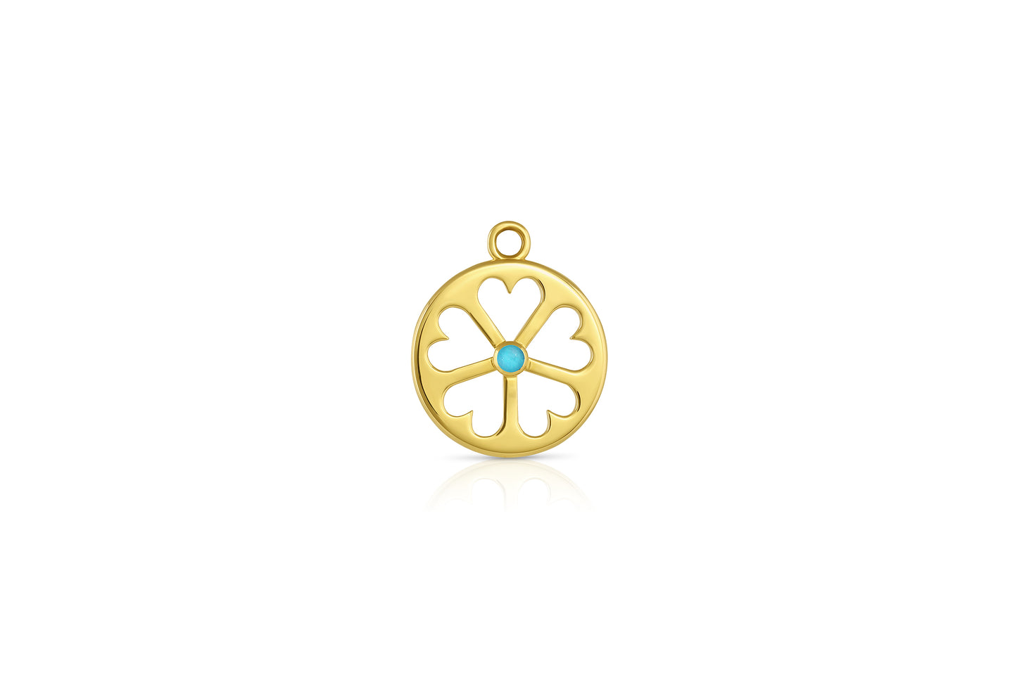 18k yellow gold circle pendant with heart cut outs and turquoise center stone on white background.