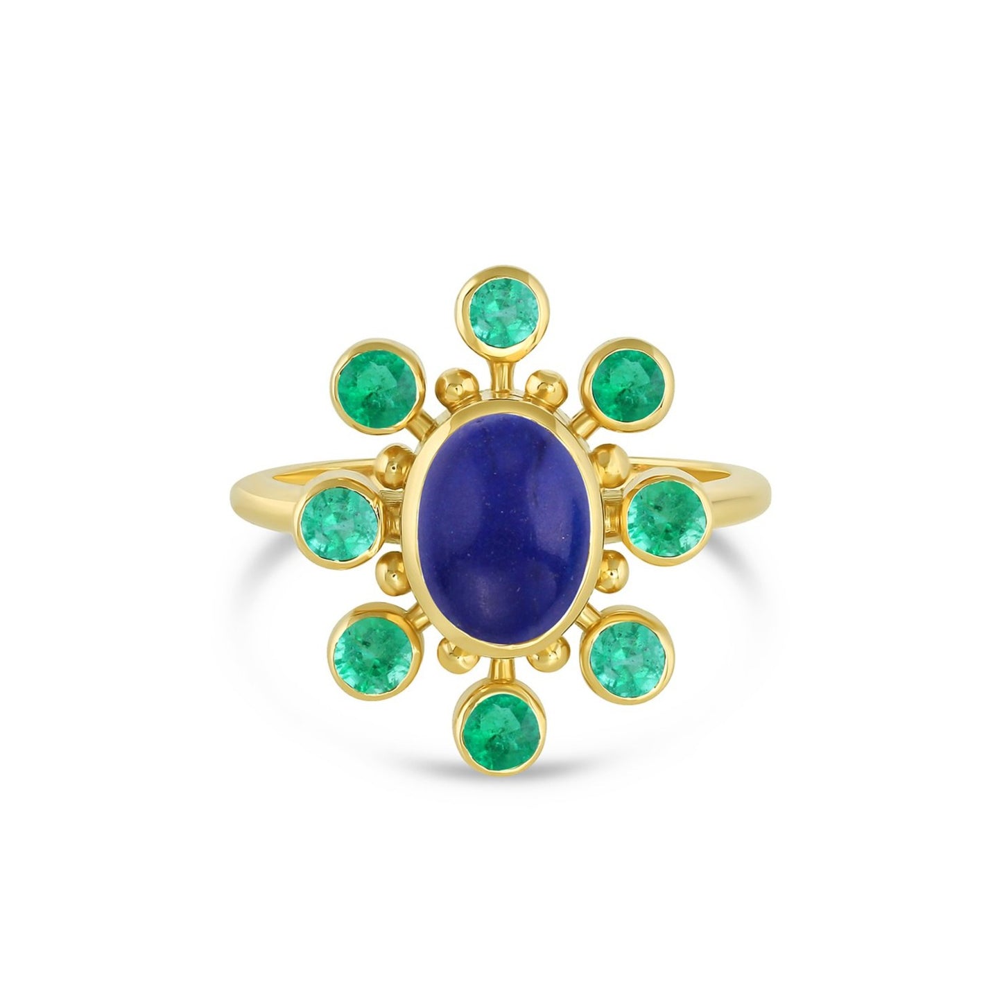 Load image into Gallery viewer, 18k yellow gold cosmos ring with lapis center stone and emerald and gold halo on white background.

