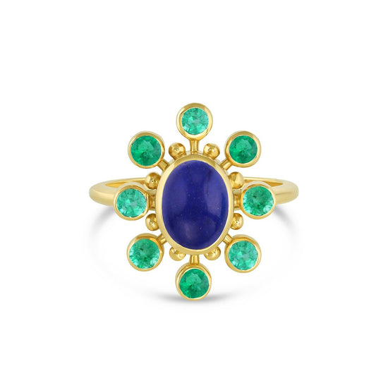 Load image into Gallery viewer, 18k yellow gold cosmos ring with lapis center stone and emerald and gold halo on white background.
