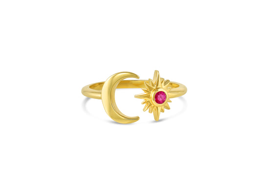 18k yellow gold crescent moon and star with ruby center stone open ring on white background.