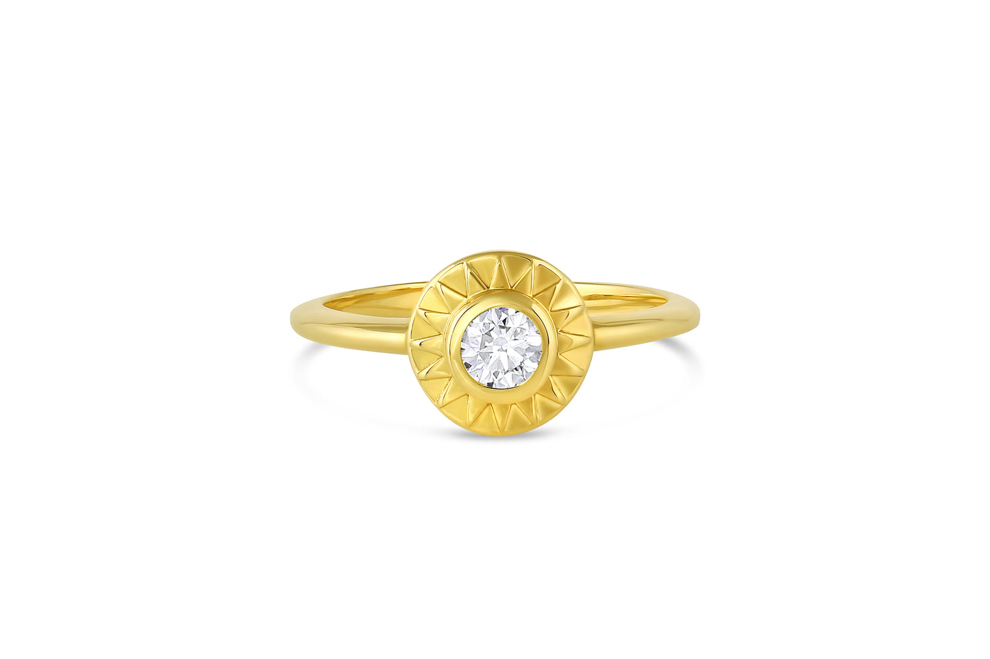 Load image into Gallery viewer, 18k yellow gold sunburst circle ring with diamond center stone on white background.
